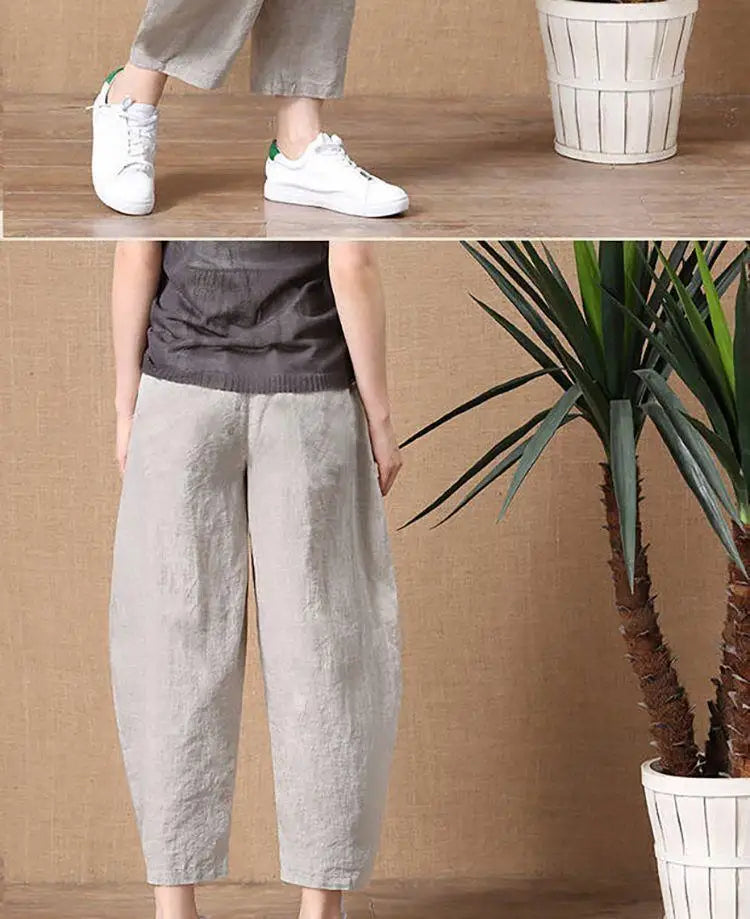 Loose Wide Leg Cotton Linen Pants High Waist Nine Points Women's plus Size Summer New Sle Casual Trousers Versatile Loose Fit