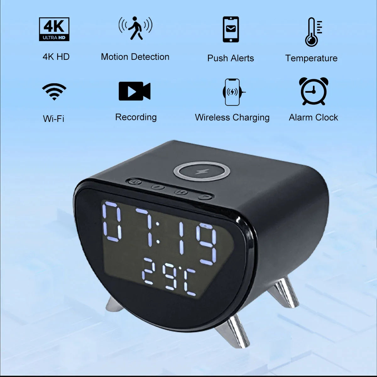 4K WiFi Clock Camera — Wireless Charging Home Security Monitor
