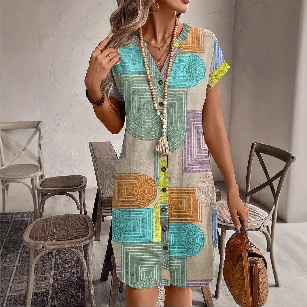 2026 European and American women's clothing foreign trade Amazon summer geometric printing elegant V-neck button up dress