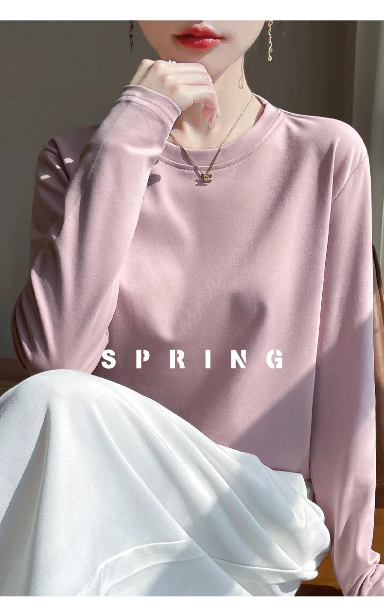 Spring And Summer New Mercerized Cotton Long Sleeve T-shirt Women's Round Neck Loose 100% Cotton Bottoming T-shirt