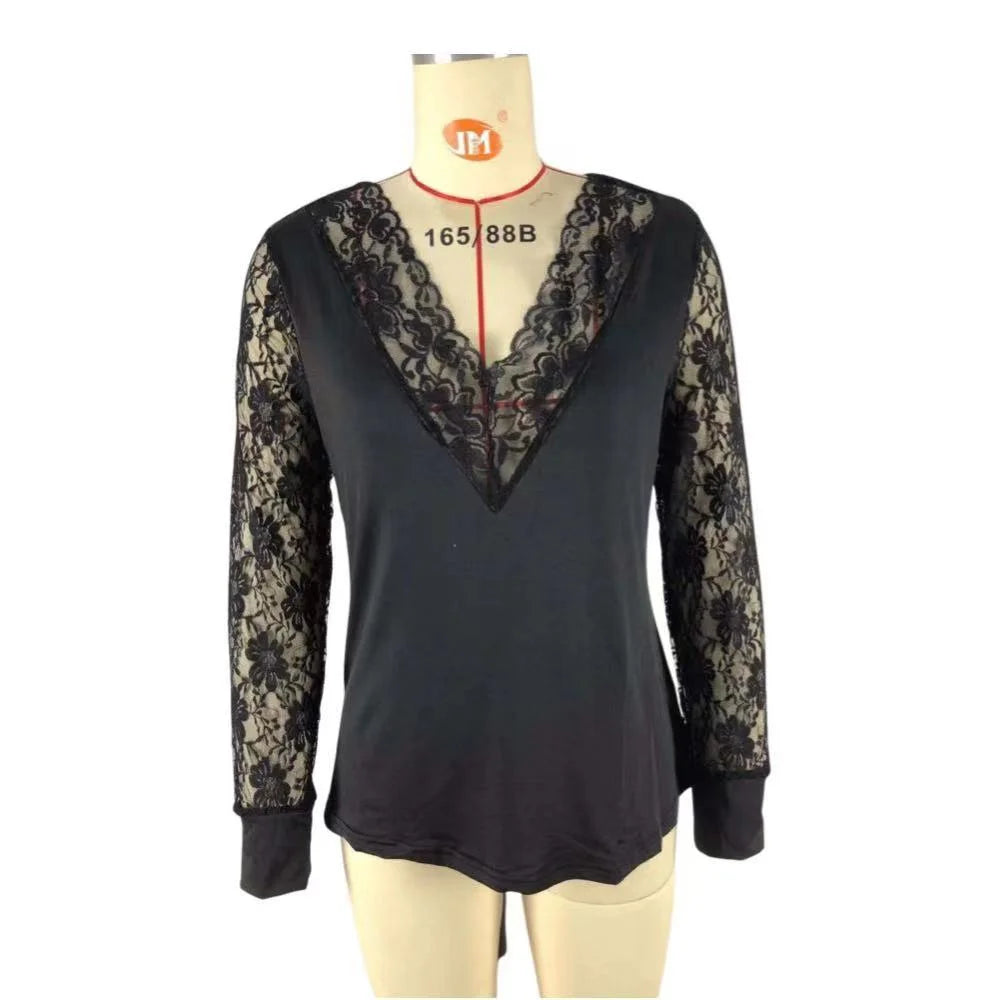New Ladies Shirt Sexy Fashion Lace Stitching Hollow Leisure White Black Slimming V-Neck T-Shirt Womens Clothes for Spring/Summer