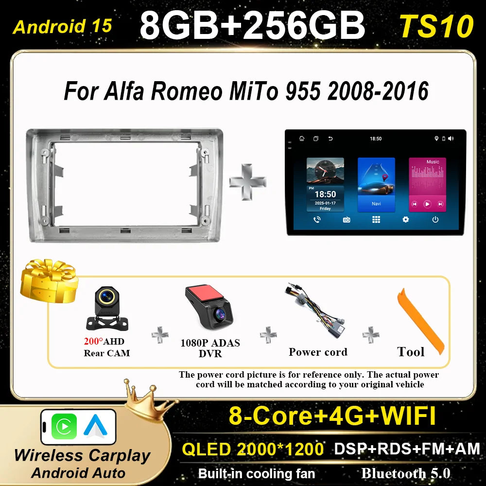 Android 15 Car Radio Stereo For Alfa Romeo MiTo 955 2008-2016 Auto Cireless Carplay GPS Navigation Multimedia Video Player 2Din