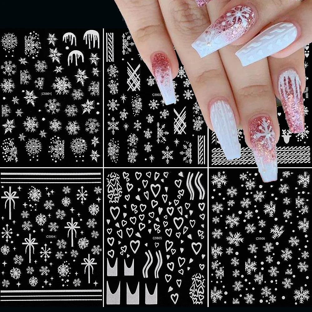 6Pcs White Snowflake Nail Stickers Self-Adhesive Christmas Nail Art Decals Snowflakes Elk Design Winter Xmas Manicure Decoration