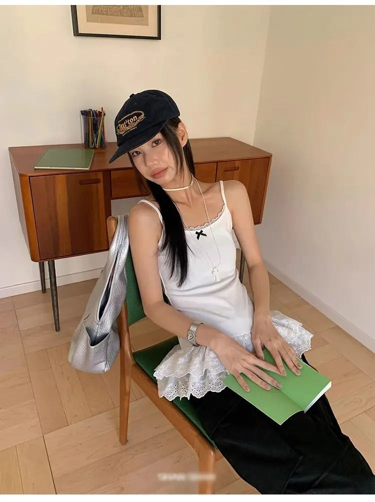 Women Patchwork Lace White Suspender Vest Trim Bottom Hem Layer Skinny Halter Tops Ruffle Edge Skin-friendly Breathable Vest