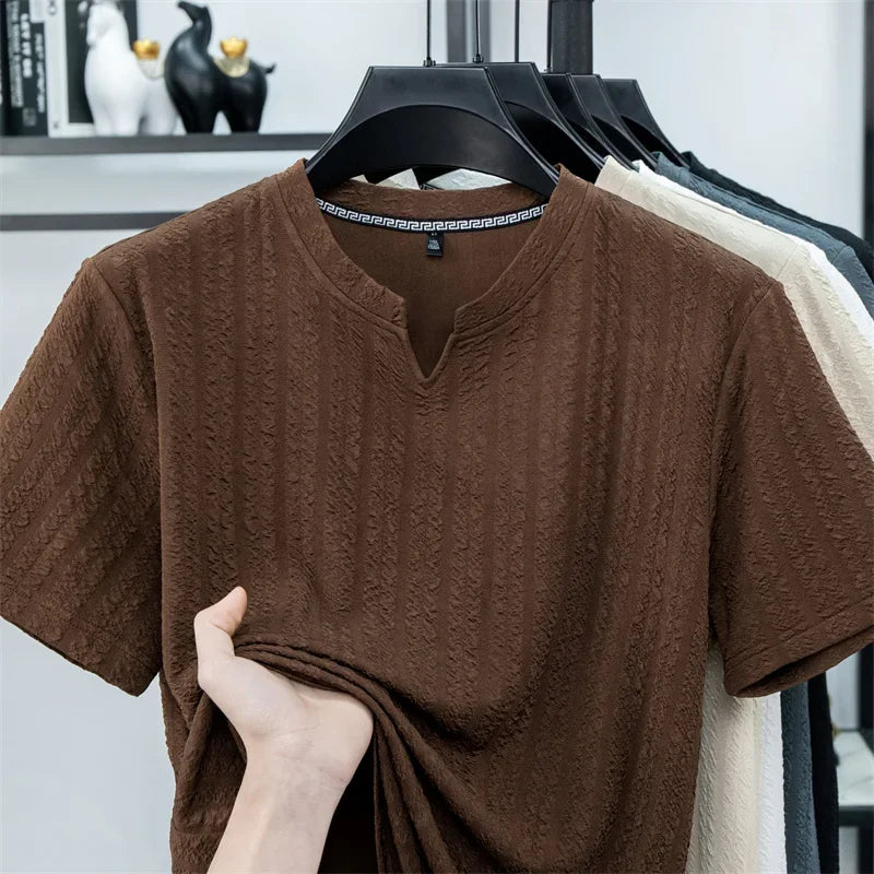 Men's Bubble-Texture Tee - Split Collar, Soft Anti-Wrinkle Stretch