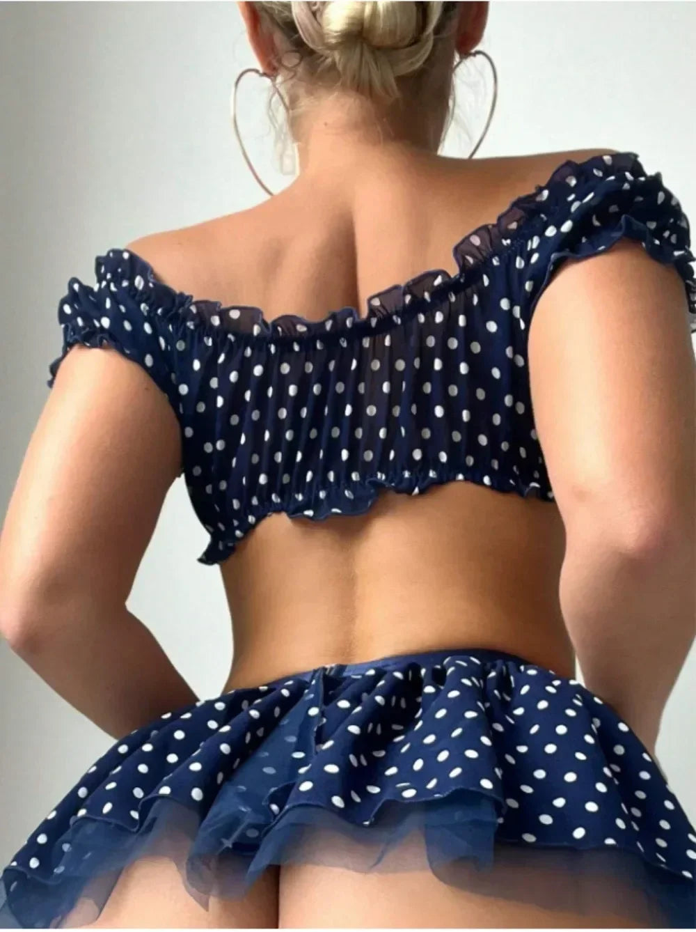 Women's Polka Dot Off-Shoulder Puffy Skirt Lingerie Set – Sexy Bra & Garter Skirt Exotic Set | S–XL (Red, Blue)