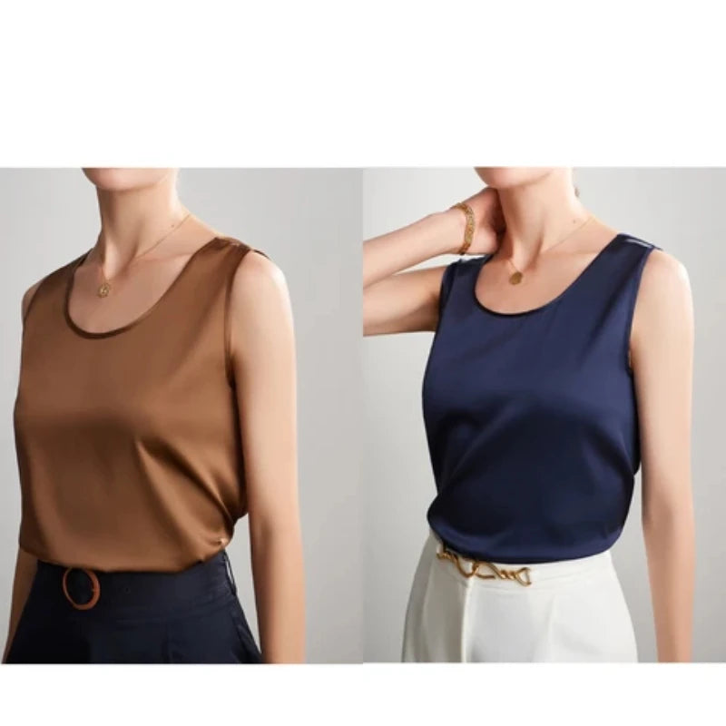 Summer Satin Mulberry Silk Tank Top Casual Versatile Champagne Tops Woman 2026 New Fashion Elegant Vest Loose Sleeveless T-shirt