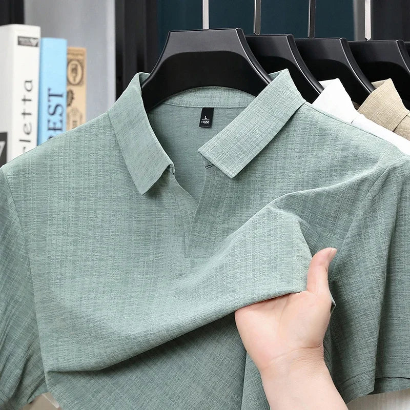 Men's Linen-Blend Polo - Minimalist Plain Lapel, Breathable Soft