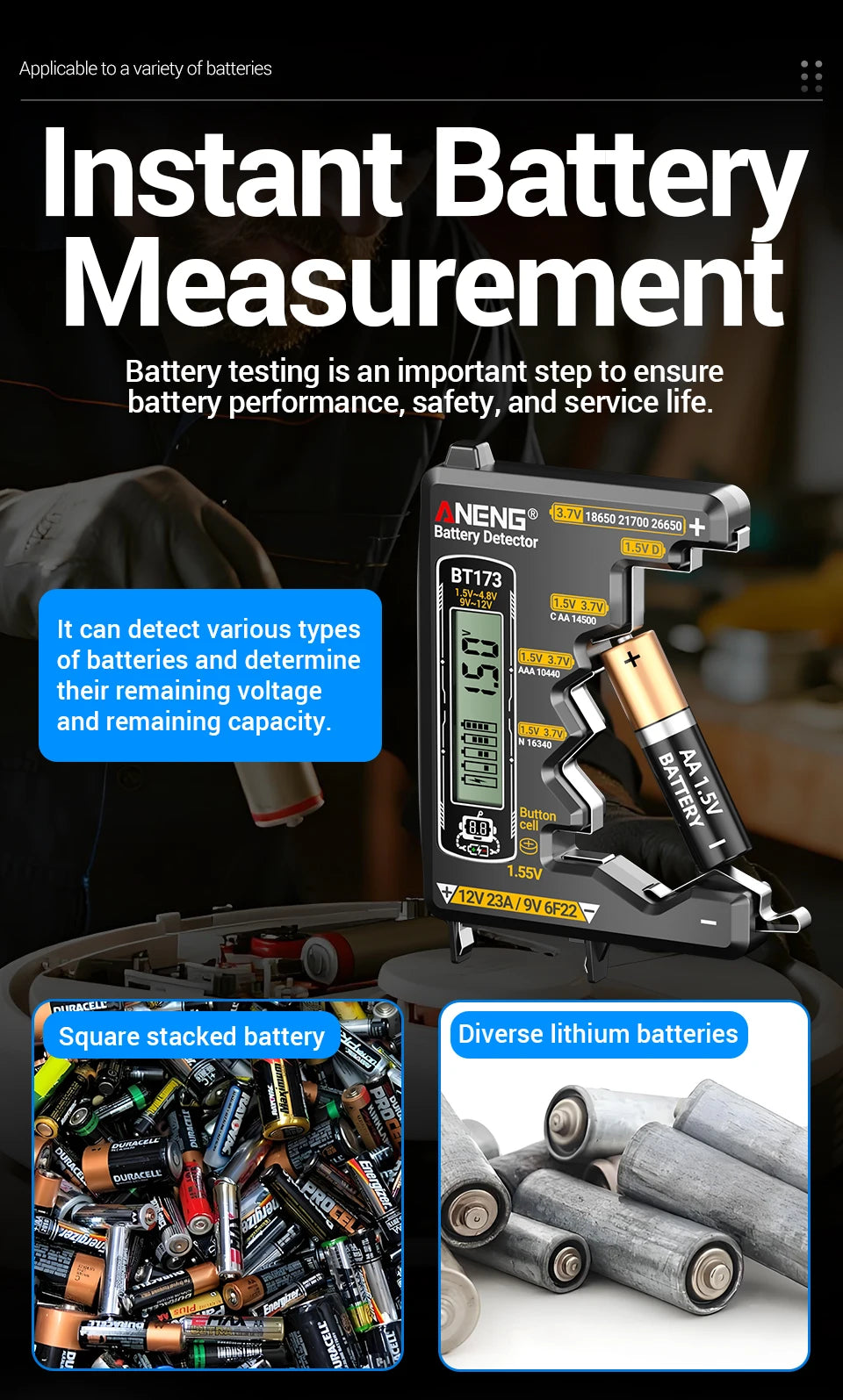 Universal Battery Tester ANENG BT173 Battery Detector Test C D AA AAA N 9V Cell Button Meter Visual Display Testing Tester Tools