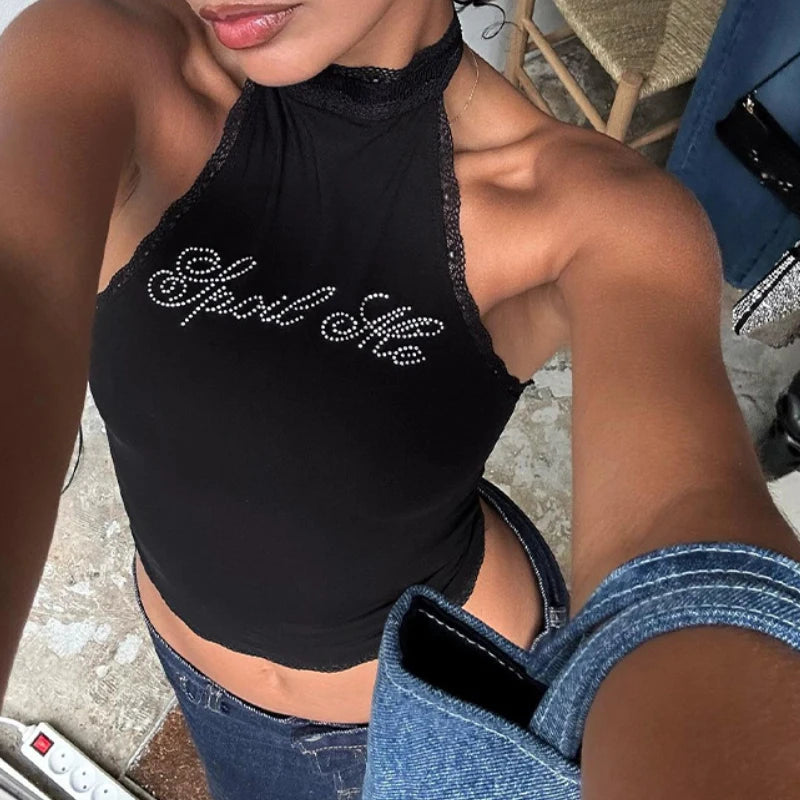 Dulzura Halter Sleeveless Crop Top Vest 2026 Summer Women Lace Patchwork Sexy Rhinestones Y2K Vintage Elegant Club