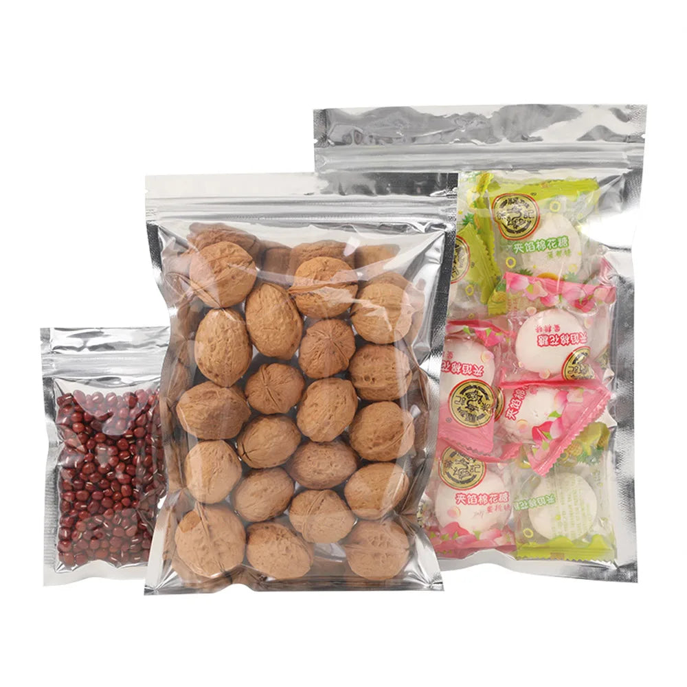 100pcs Aluminum Foil Zip Lock Bags – Food Grade Silvery Mylar Resealable Pouches for Snacks, Herbs & Gift Packaging