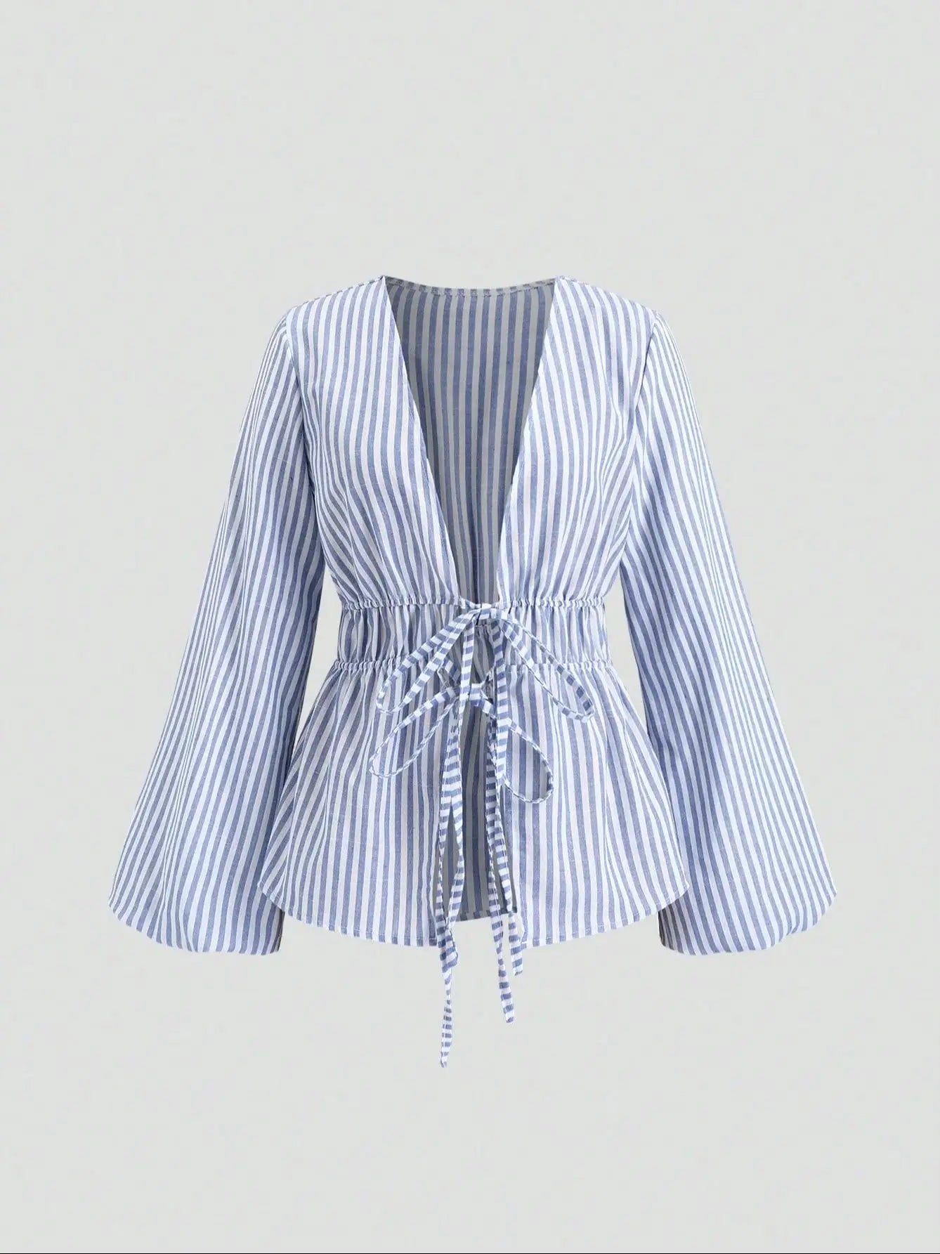 Striped Tie Bow Puff Sleeve Shirt