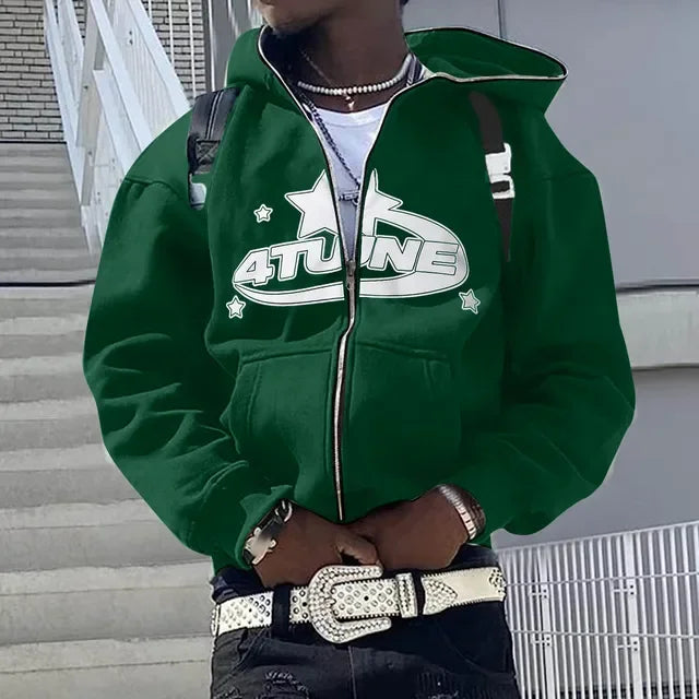 Men's Letter Print Zip-Up Hoodie, Hip Hop Style