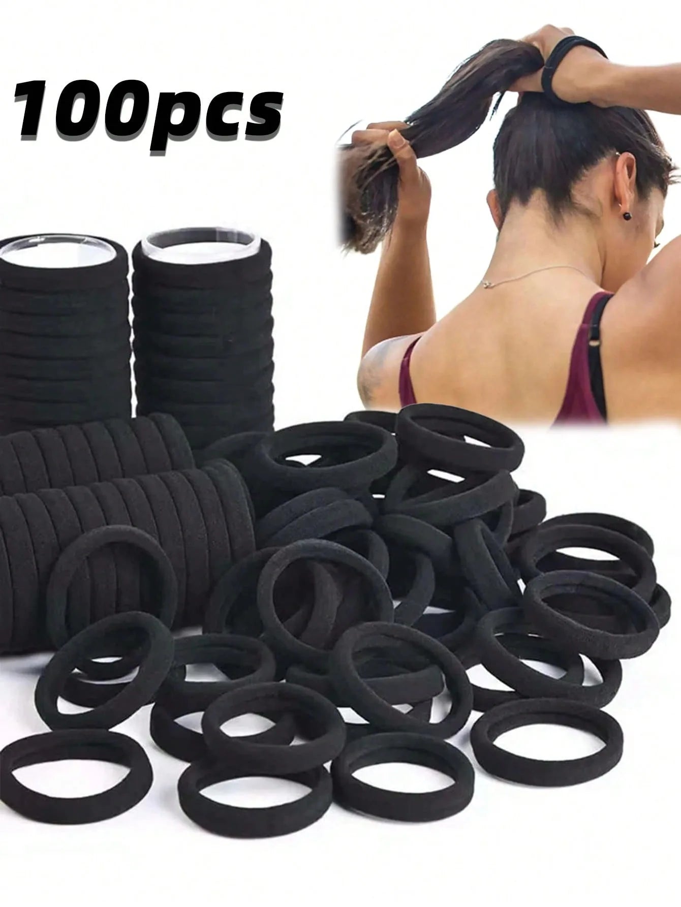 100-Pack Black Hair Ties, Seamless Elastic Hair Rings for Women Girls, No Damage Ponytail Holders, Strong Stretch for Daily Use