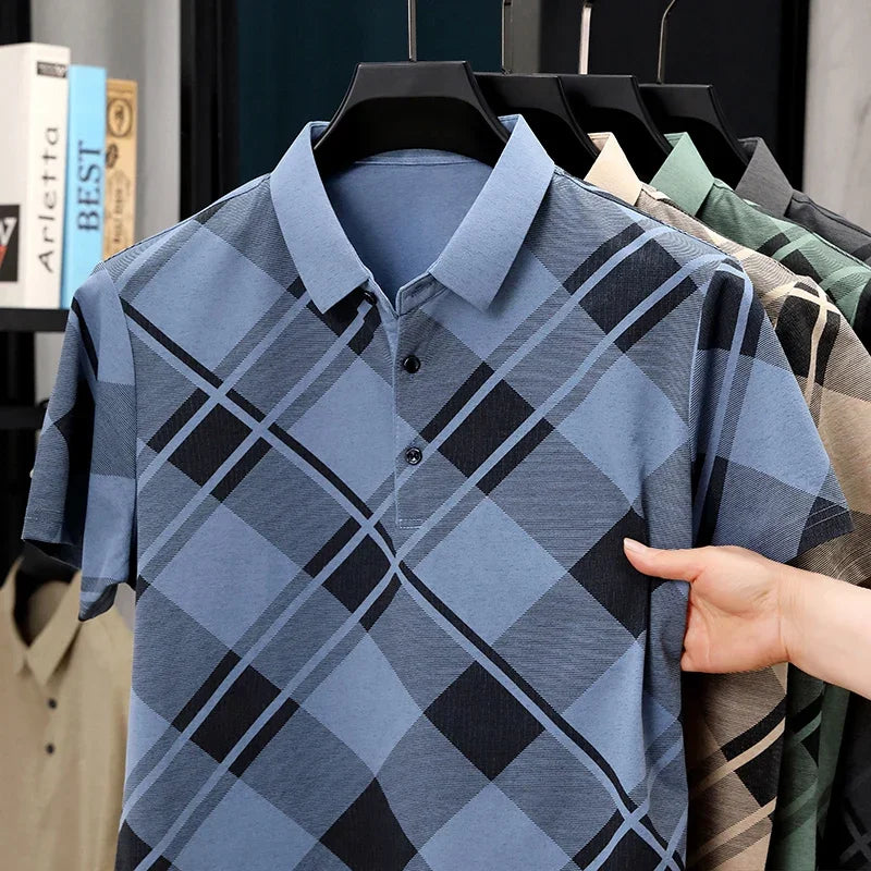 Men's Plaid Polo - Soft Elastic Woven, Retro Oversized Grid