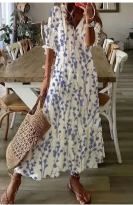 Women's Boho Maxi Dress – Casual V-Neck Drawstring Long-Sleeve Printed Bohemian Dress