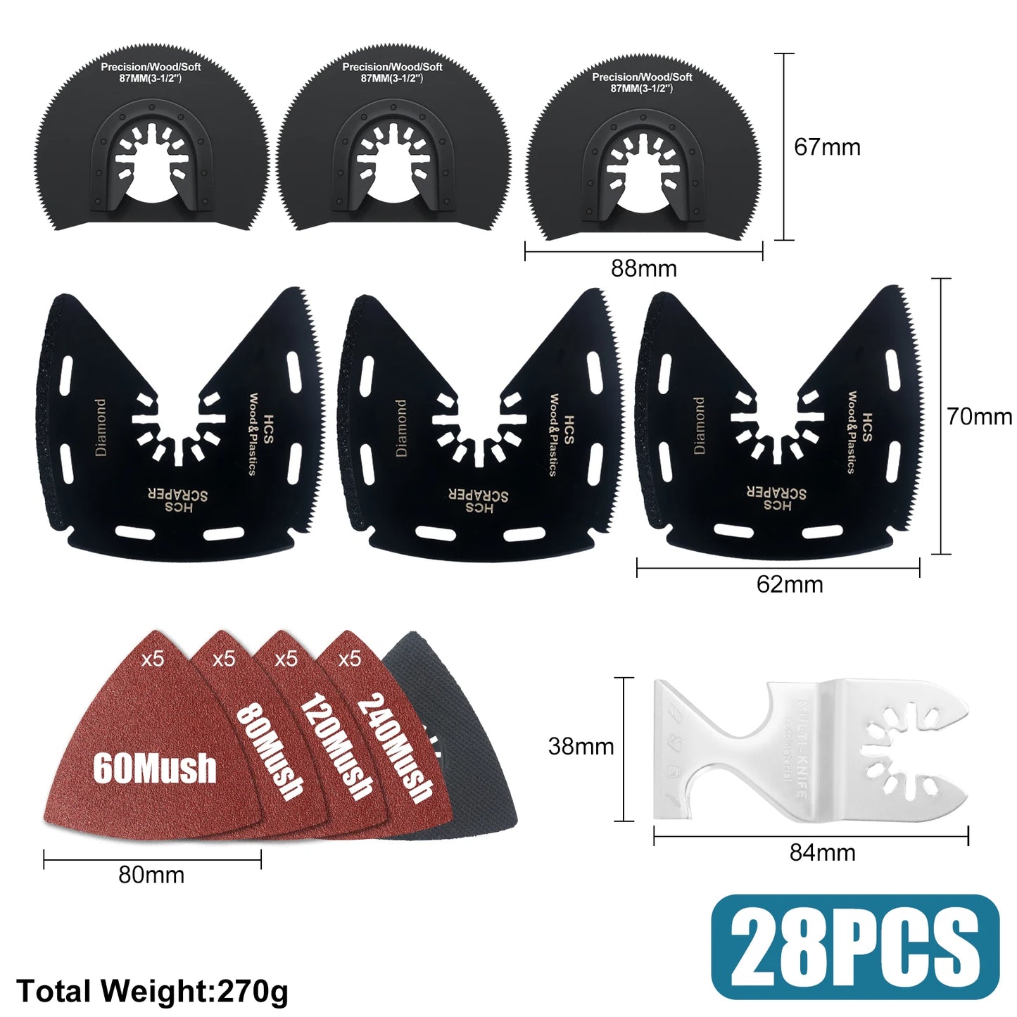 Japanese Tooth Carbide Oscillating Saw Blade Kit 10-39Pcs Arc Edge Oscillating Multitool Blades Precise Cut for Wood PVC Iron