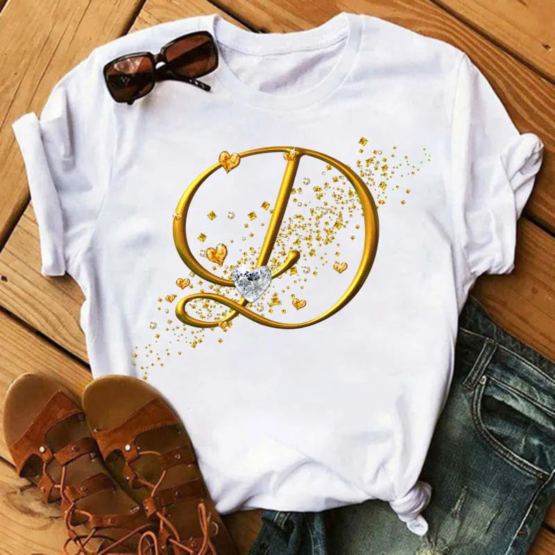 Women's Personalized Letter Graphic Tee — Gold Diamond-Font Monogram Short-Sleeve Top