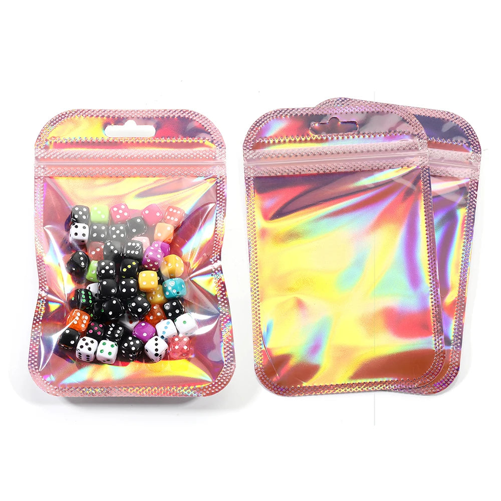 50pcs/lot Pink Laser Ziplock Bags Reusable Plastic Transparent Bags for Jewelry Packaging Cosmetic Retail Display Bags