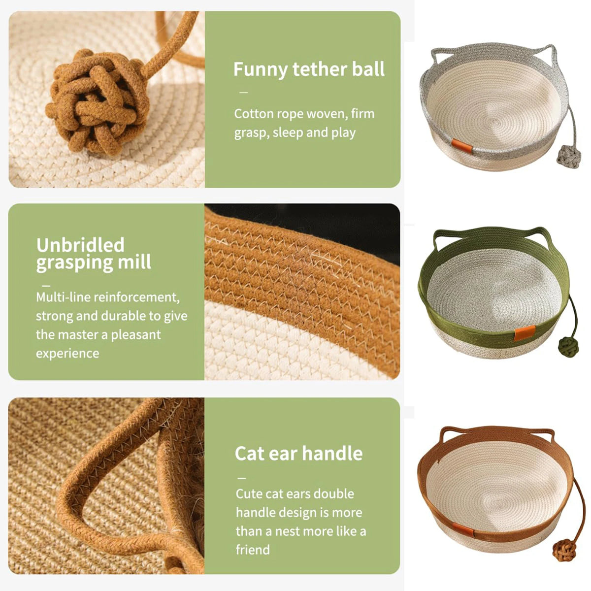 Japanese Pet Cat Bed Round Hand Woven Rattan Cat Beds Summer Cooling Cats Nest Sleeping House Cotton Rope Cat Scratching Baskets