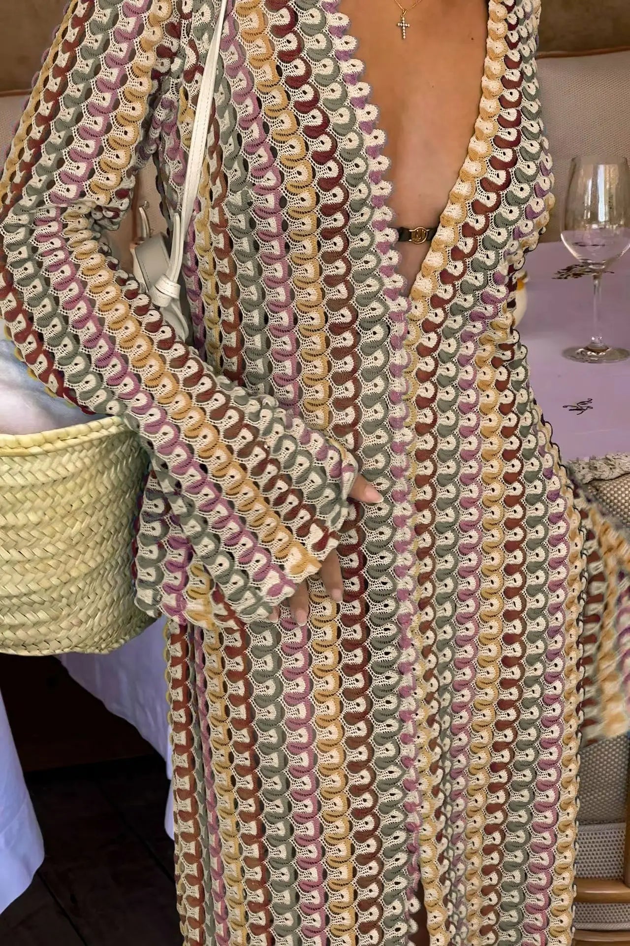 Crochet Colorful Stripe Flare Sleeve Maxi Dress Women V-neck High Split Sexy Lace Long Dresses 2026 New Beach Banquet Vestidos