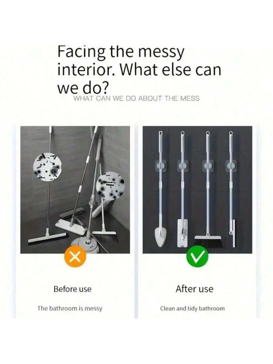 4pcs Wall-Mounted Broom & Mop Holders: Heavy-Duty Adhesive Clips for Multi-Functional Tool Organization