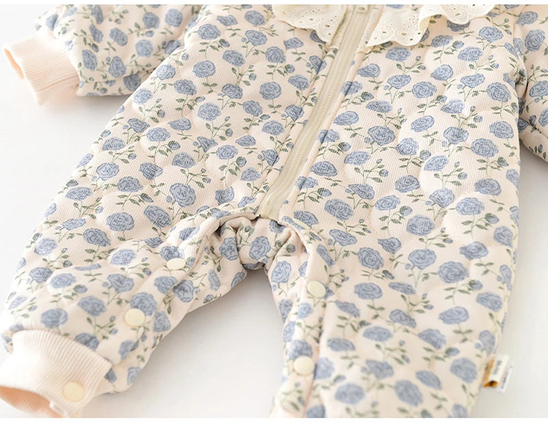 Baby Floral Hooded Winter Jumpsuit - Thick Warm Romper, 0-2 Years - photo 5