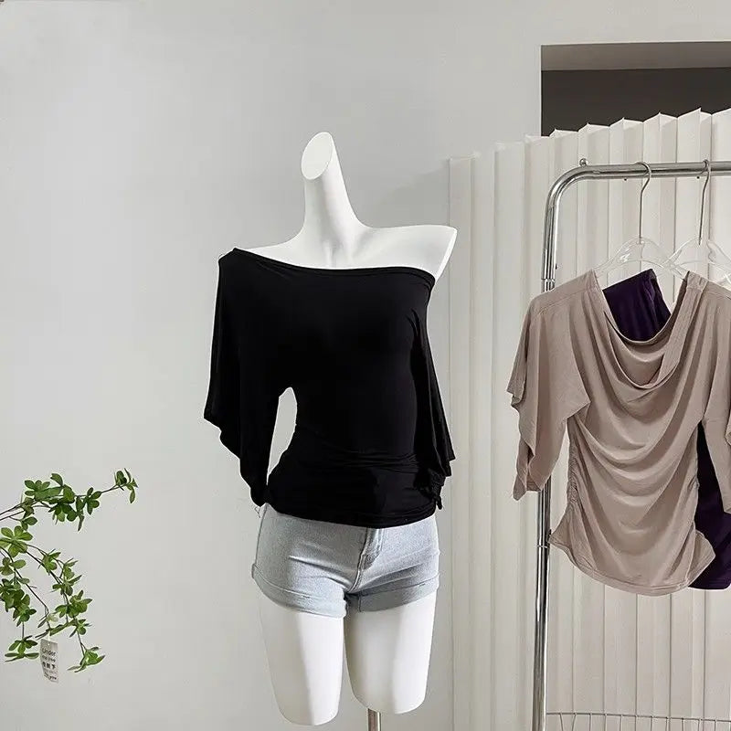 Sexy Summer Off Shoulder T shirt Women Elegant Batwing Short sleeve Cowl Neck Tops Korean Chic Tight Tshirt Lady Tees 2026 New