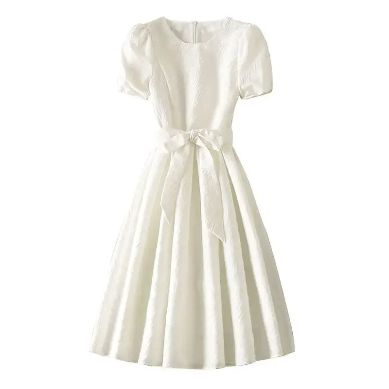 Women's White Midi Party Dress - Elegant Bow Evening Dress - photo 4
