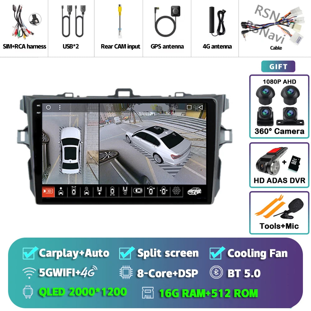 Android 16 Car radio Navigation Multimedia Player For Toyota Corolla 2006 2007 2008 2009 2010 2011 2012 2013 Carplay Auto Stereo