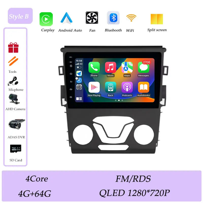 CarPlay Car Radio Video Multimedia Player for Ford Mondeo 5 Fusion 2014 - 2019 Split Screen DSP Stereo GPS Navi QLED Screen BT