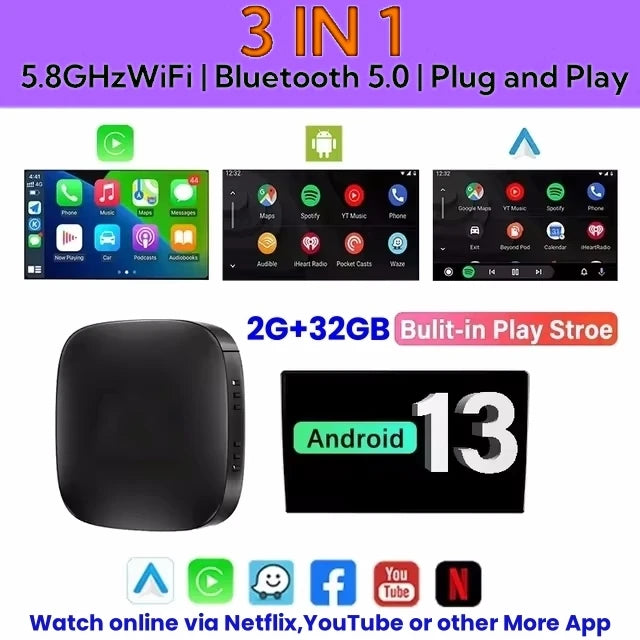 Android 13 Wireless CarPlay & Android Auto AI TV Box (YouTube, Netflix)