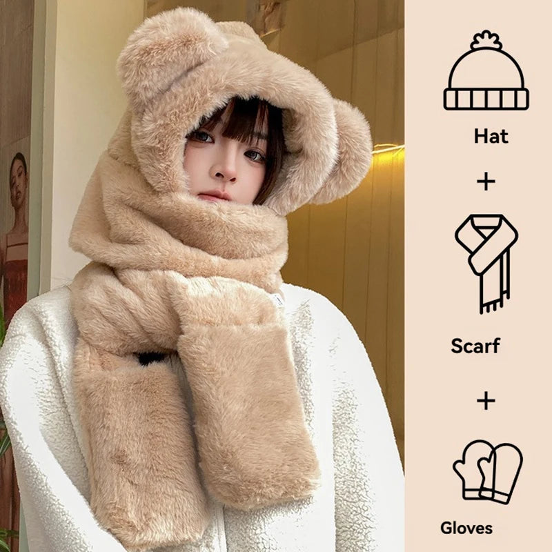 3-in-1 Bear Ear Hat, Scarf and Gloves Set, Plush