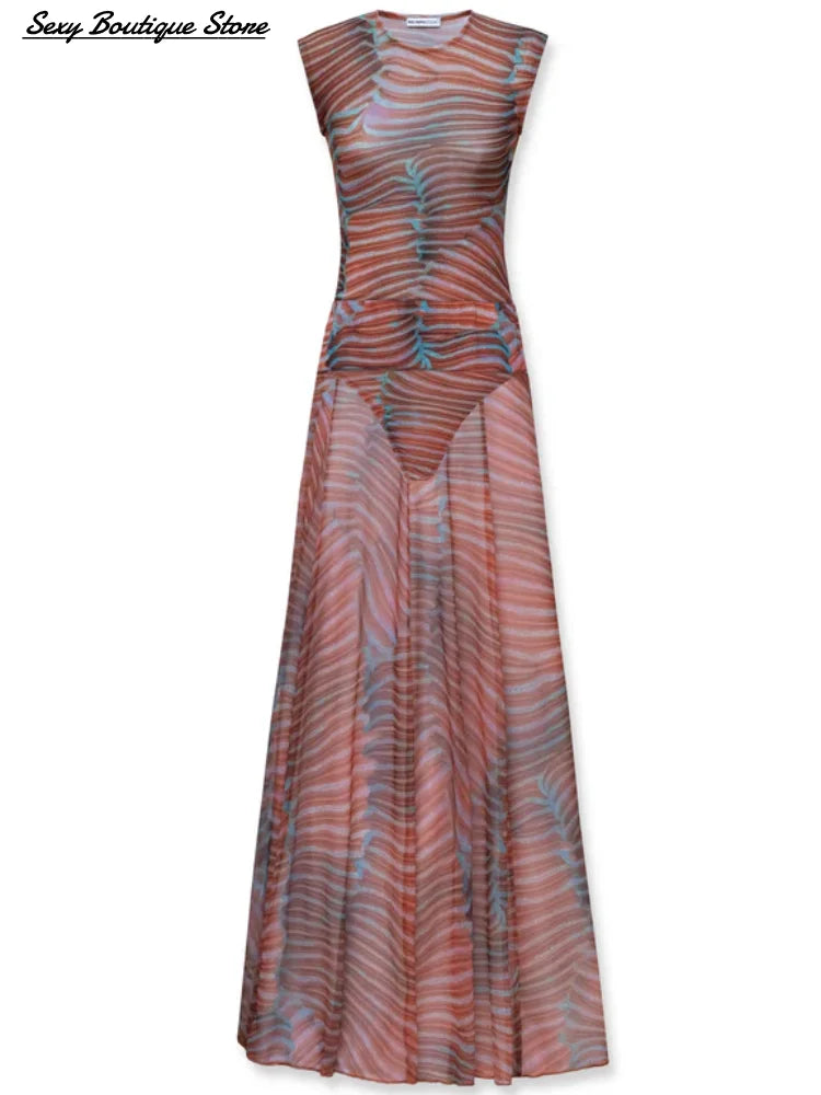 2-Piece Sheer Maxi Dress Set – Printed Top & A-Line Skirt