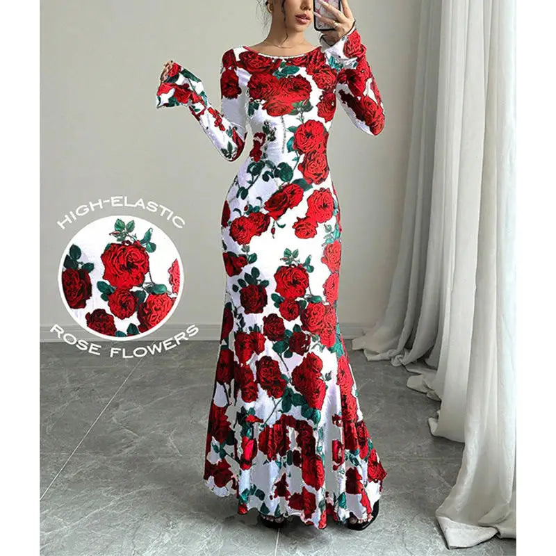 Elegant Rose Print Fishtail Maxi Dress – Long Sleeve