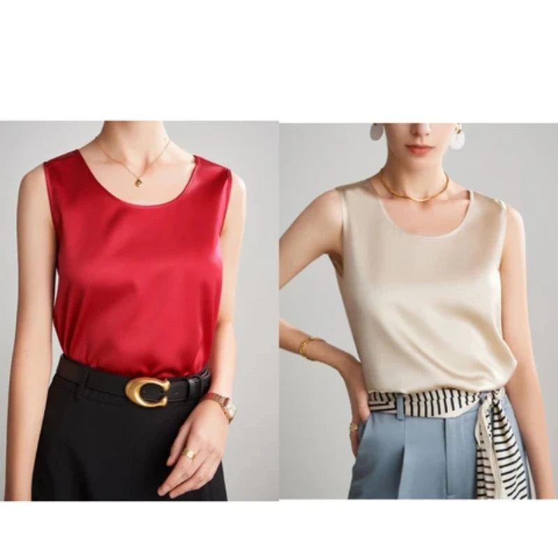 Summer Satin Mulberry Silk Tank Top Casual Versatile Champagne Tops Woman 2026 New Fashion Elegant Vest Loose Sleeveless T-shirt