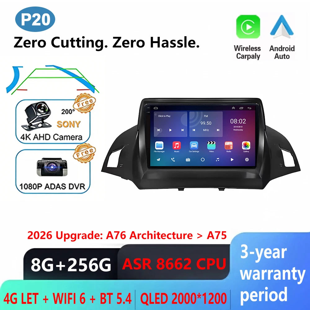 Android Car Stereo for Ford C-MAX, Kuga 2 & Escape 3 (2012–2019) — Wireless CarPlay, Android Auto, GPS, WiFi