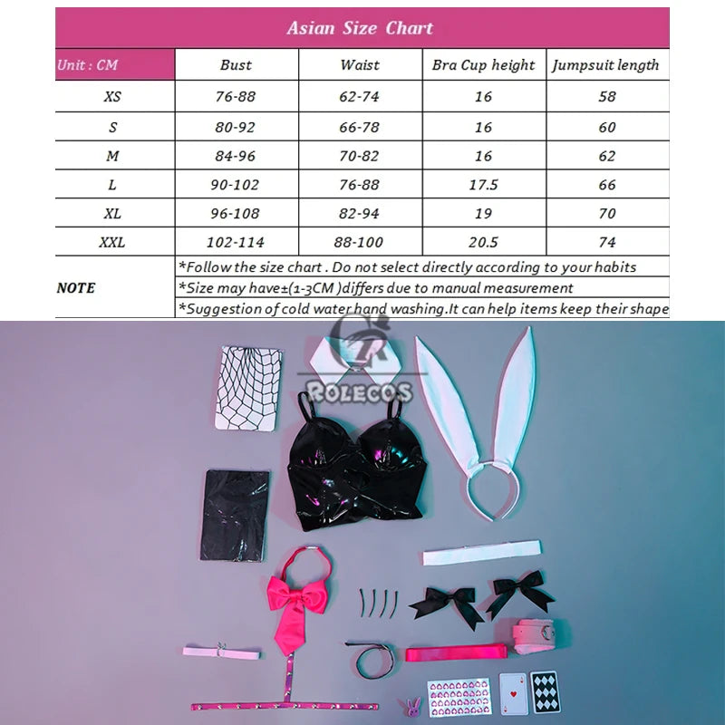 ROLECOS Black Jumpsuit Rabbit Hole Bunny Girl Costume Halloween Sexy Women PU Leather Fabric Elastic Cosplay Bunny Suit Outfit