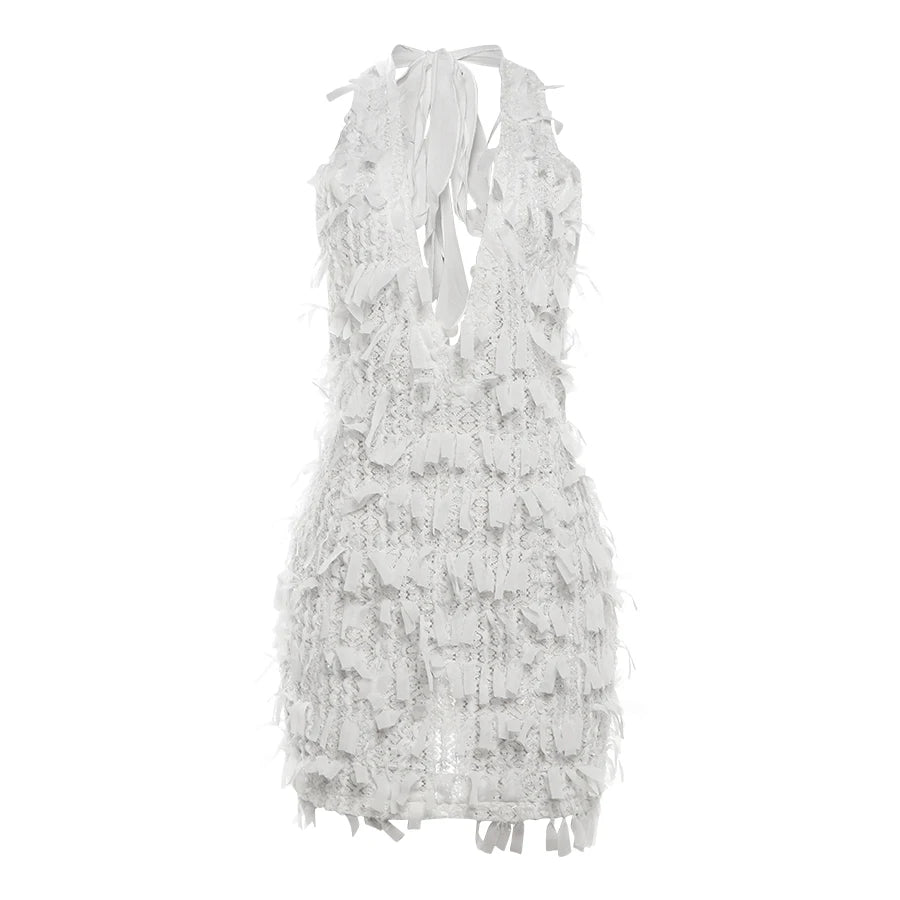 Weird Puss Sexy Halter Tassel Dress Women Y2K Elegant See Through Summer Trend Backless Skinny Stretch Midnight Bodycon Clubwear