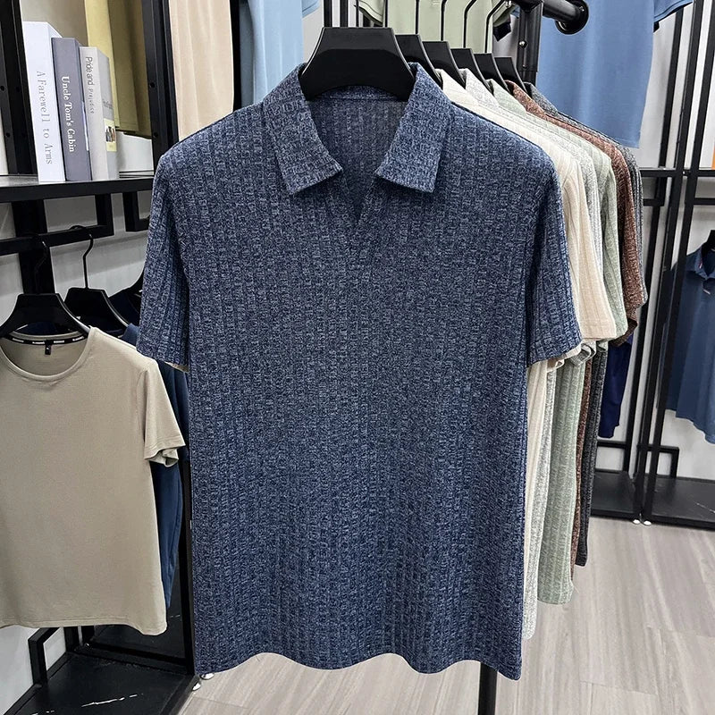 Men's Knitted Polo Tee - V-Neck Stripe, Lightweight Breathable