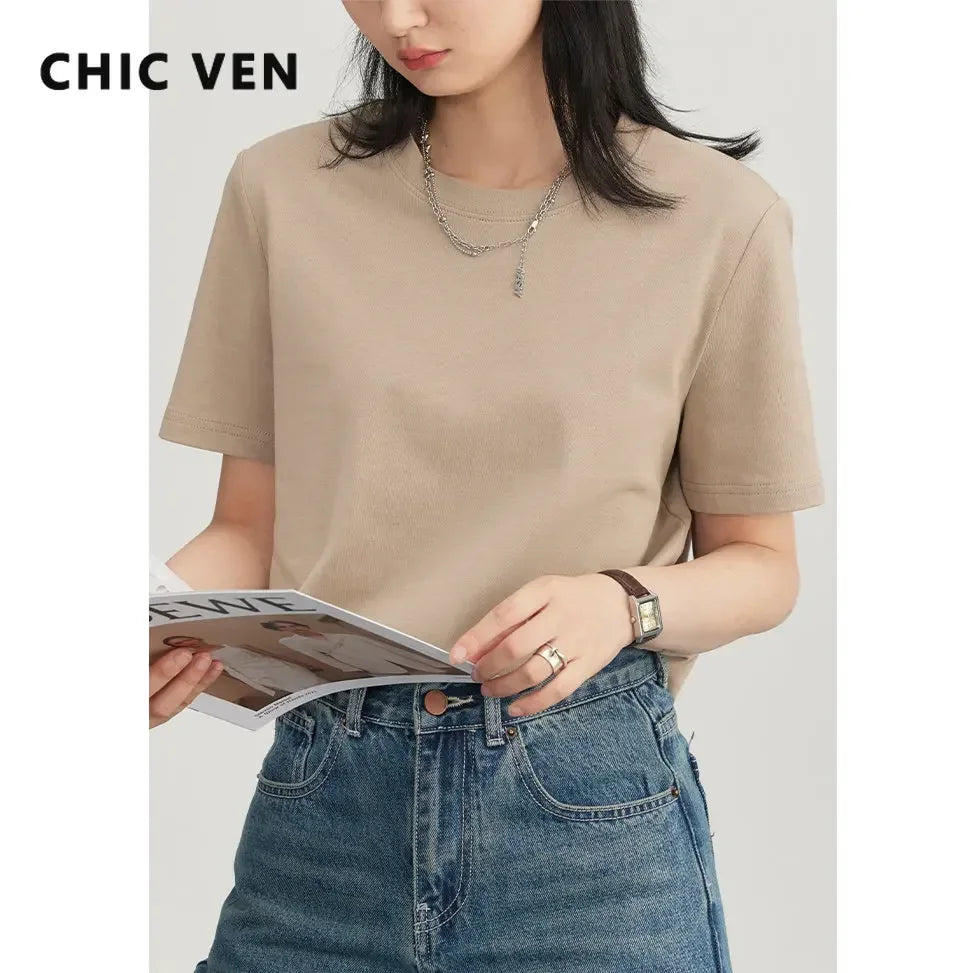 CHIC VEN Women's Basic O-Neck T-Shirt — Solid Short-Sleeve Pullover Tee
