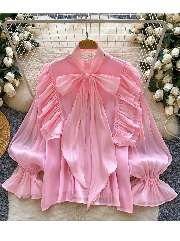 Women's Bow Chiffon Blouse - Ruffle Hem Long Sleeve Top - photo 3