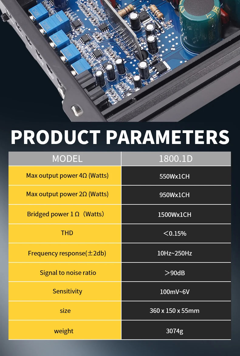 Car Max 1500W single-channel car audio amplifier, low distortion, smooth sound quality, Class D high-power car power amplifier,