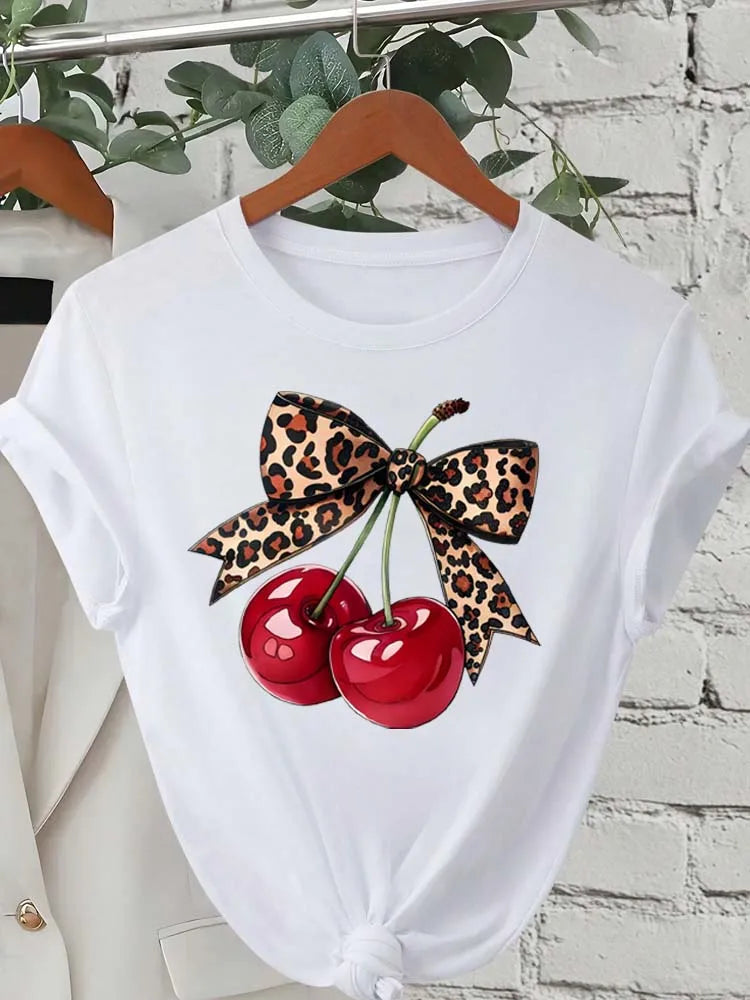 Women's Cherry-Print Tee — Crew-Neck Casual Short-Sleeve Top