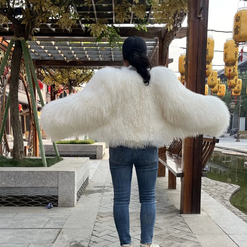 Women's Mongolian Sheep Fur Jacket, Round Neck