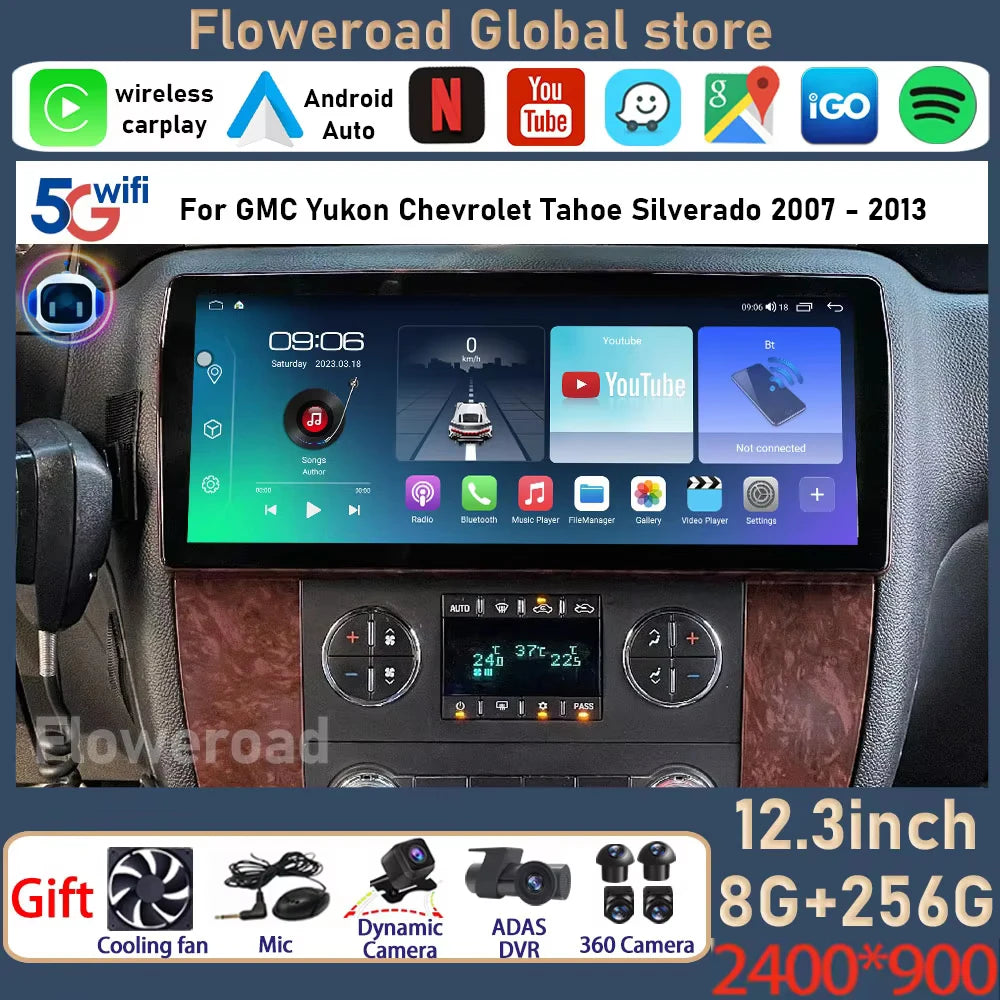 12.3 Inch Android 15 For GMC Yukon Chevrolet Tahoe Silverado 2007 - 2013 Car Radio Multimedia Player GPS Head Unit Auto StereoBT