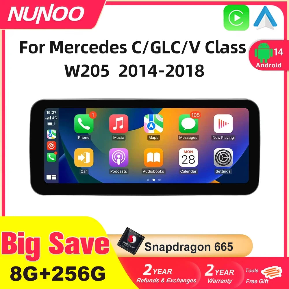 Android 14 Wireless CarPlay For Mercedes Benz C Class W205 Screen Android Auto Multimedia Navigation GPS SWC DSP 4G WiFi