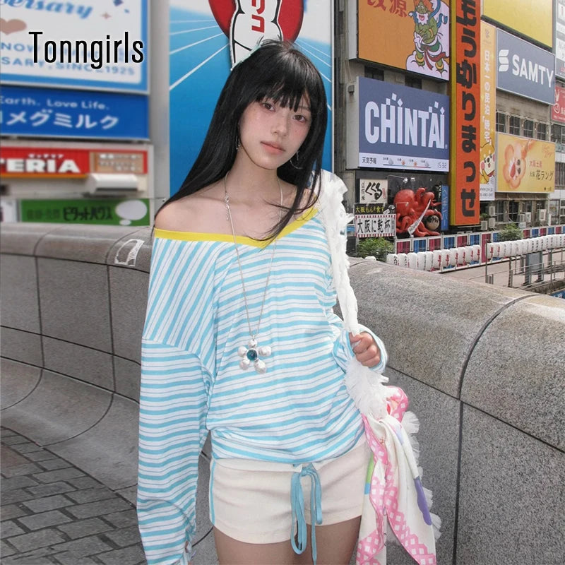 Tonngirls Women's Japanese Y2K Blue Striped V-Neck Long Sleeve T-Shirt – Vintage Off Shoulder Loose Tee