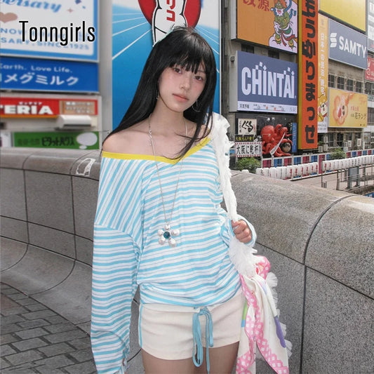 Tonngirls Women's Japanese Y2K Blue Striped V-Neck Long Sleeve T-Shirt – Vintage Off Shoulder Loose Tee