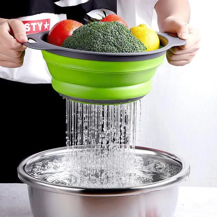 Single Pc Kitchen Travel Colander - Green Silicone Collapsible Strainer for Draining Pasta Fruits Vegetables